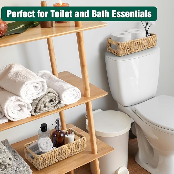dreamkey Toilet Basket Tank Topper, Set of 2 Water Hyacinth Wicker Bathroom Storage Baskets, Back of Toilet Organizer for Toilet Paper, Towels, Toiletries, Hand Woven Nesting Baskets with Handles