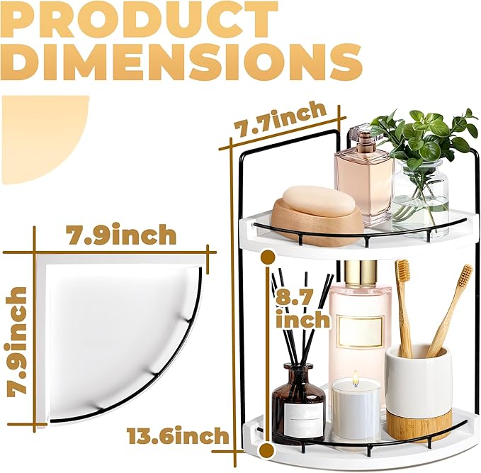 2 Tier Bathroom Counter Organizer, Bathroom Counter Tray and Vanity Organizer, Wood Corner Countertop for Kitchen, Dresser (White)