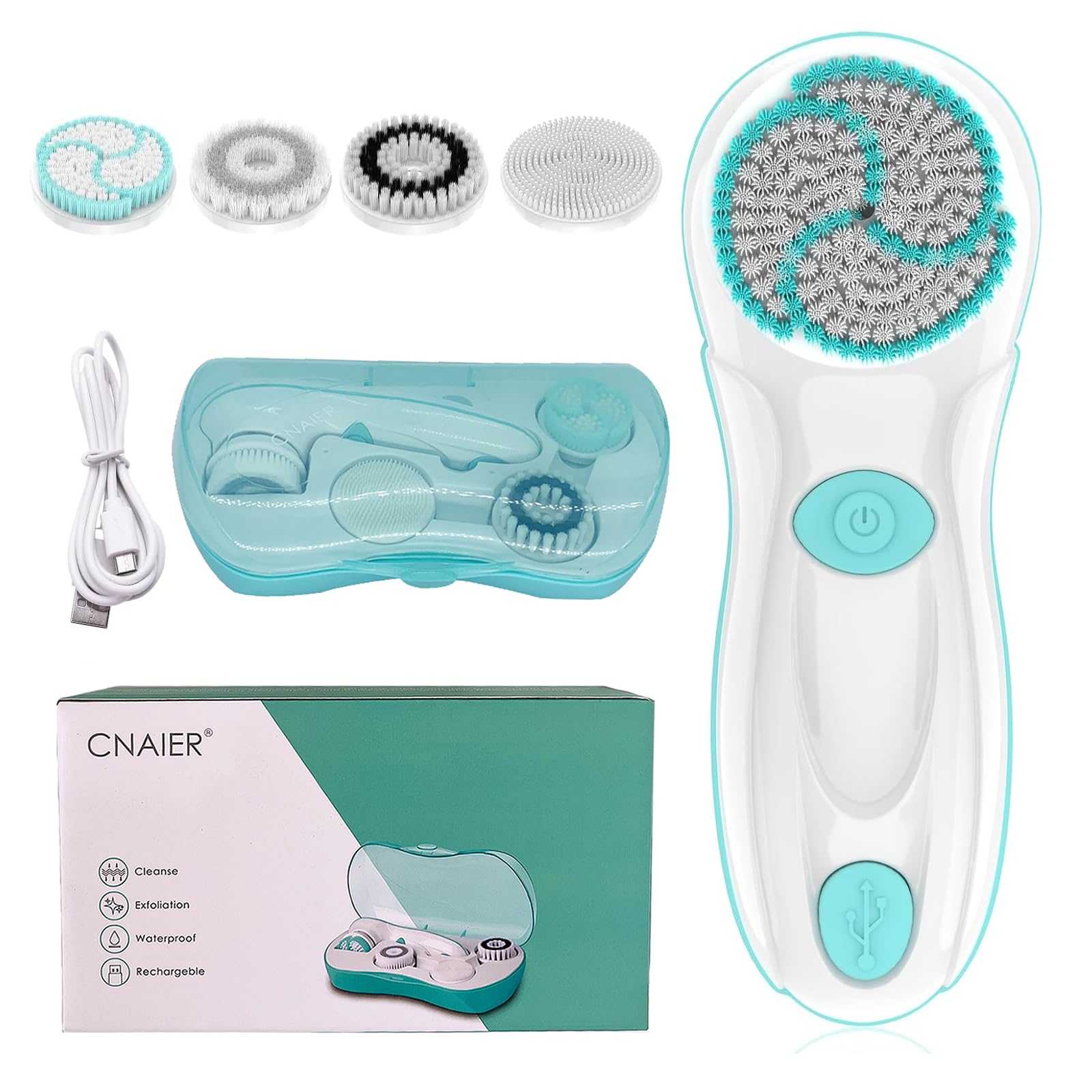 Facial Cleansing Brush, Electric Face Scrubber with 4 Cleanser Heads and 2 Speeds Adjustable for Deep Cleaning, Portable Rechargeable and Waterproof Face Wash Brush for Women & Men (Green)