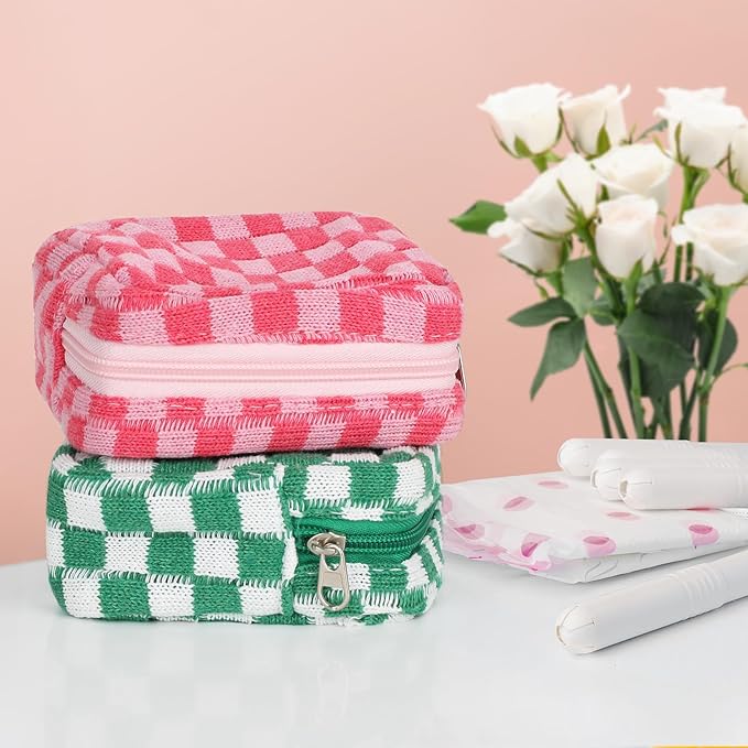 CekPo Sanitary Napkin Storage Bag, Menstrual Pad Zipper Bag Checkered Portable Period Bag Panty Liners, Tampon Storage Pouch for Women Ladies Daily Use Storage Purse Travel