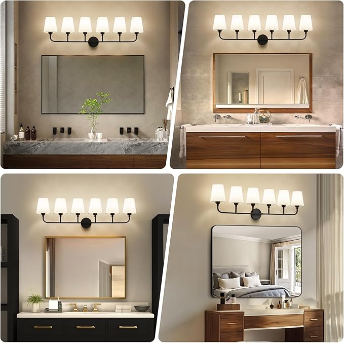 Bathroom Vanity Light, Matte Black Bathroom Light Fixtures, 6-Light Lighting Fixtures Over Mirror, Modern Wall Sconce with Flared White Fabric Shade, E26 Socket(ETL Listed)