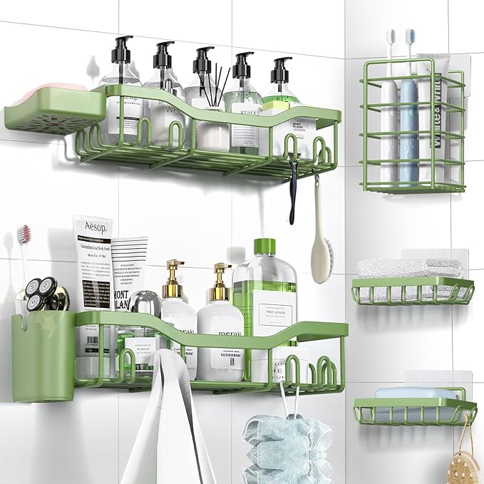 NESOMI Shower Caddy Adhesive Shower Organizer 7-Pack, Rustproof Stainless Steel Bathroom Shelves, Large Capacity No-Drill Rack Storage Accessories with Soap Dish Toothbrush Holder Hooks
