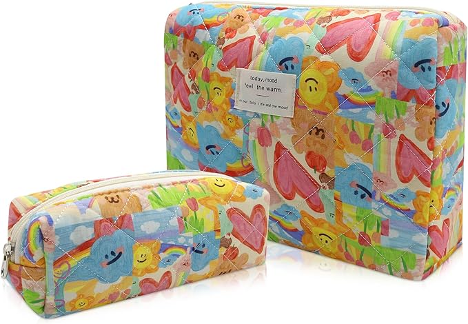 Gosect 2PC Makeup Bag Set, Cute Cosmetic Bag for Women Girls, Floral Coquette Aesthetic Toiletry Bag, Travel Make Up Organizer Bag (Graffiti-Colored)