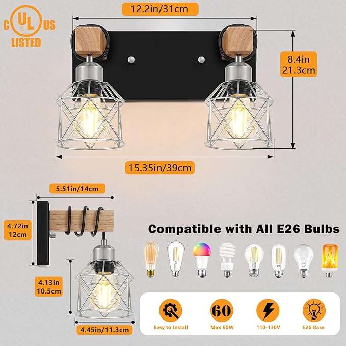 FadimiKoo Farmhouse Bathroom Light Fixtures, Rustic 2-Light Wood Vanity Lights for Bathroom, Industrial Black Silver Wall Lighting with Metal Shade for Bedroom, Living Room, Hallway