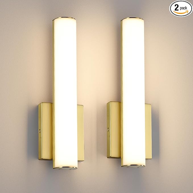 15.7 Inches Modern Bathroom Led Wall Sconces,18W 3000K Hardwired Wall Light with White Acrylic Lampshade,Indoor Bathroom Vanity Light for Mirror Bedroom Living Room Hallway(Gold,2Pack)