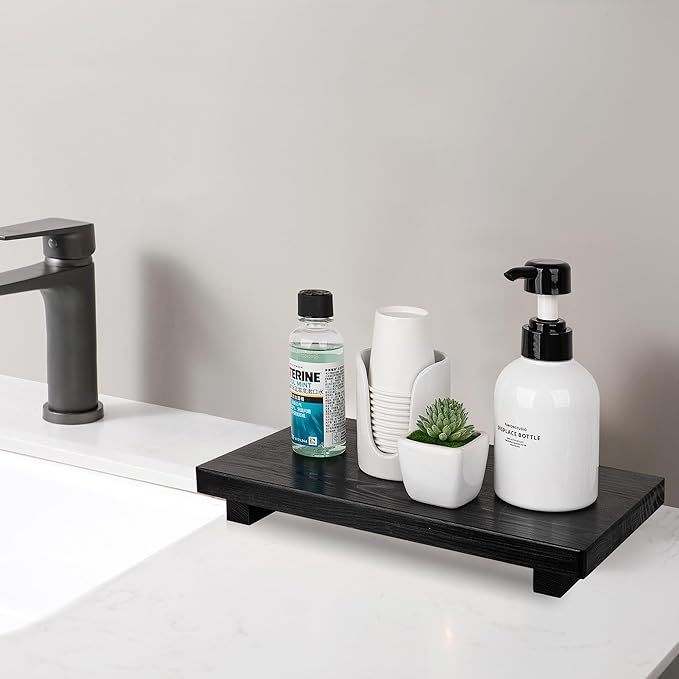 Bathroom Tray Wood Riser Kitchen Decor Soap Holder, 9" x 6" Black