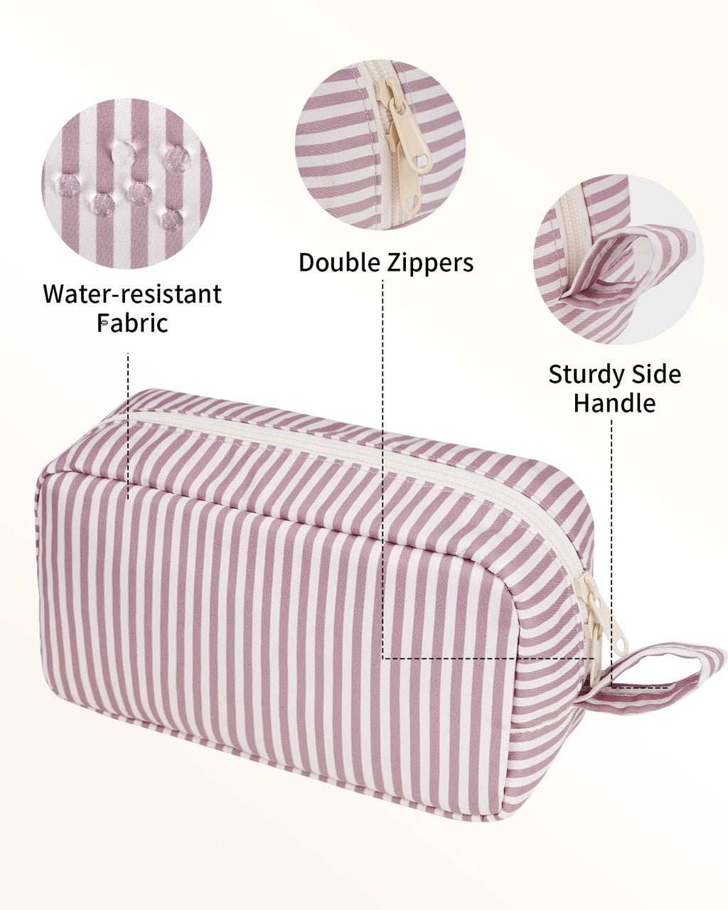 Narwey Cute Makeup Bag Small Toiletry Bag Travel Cosmetic Bag Organizer Make Up Bags with Organized Pockets for Women (Dusty Rose Stripe, Large)