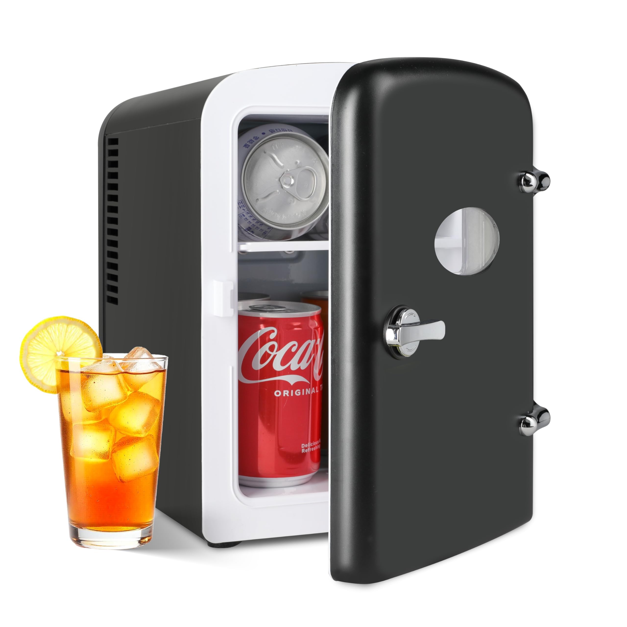 YSSOA 4L/6 Can Portable Mini Fridge with Observation Window, Compact Cooler & Warmer Freon-Free Small Refrigerator, for Skincare, Beverage, Food, Cosmetics, Black