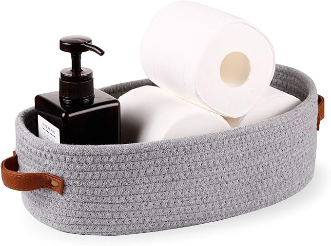 Oradrem Cotton Rope Small Woven Toilet Paper Room Storage Basket with Handles for Bathroom, 13"x5.9"x4" Gary