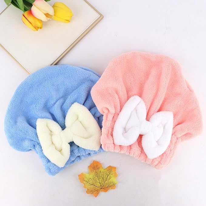 KEUKORZ 2PCS Microfiber Hair Drying Caps Hair Towel Cap Extra Soft and Ultra Absorbent Fast-Drying Hair Turban Wraps Gift for Women and Girls(Pink and Blue)