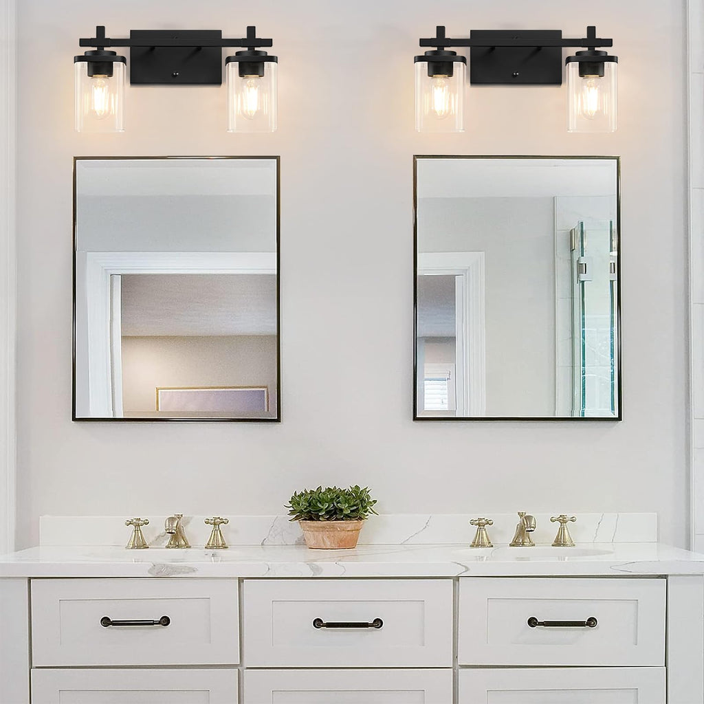 Spiglamm 2-Lights Bathroom Vanity Lights, Matte Black Vanity Light Fixtures Over Mirror, Modern Wall Sconces with Clear Glass Shade, Wall Light Fixture for Bedroom Hallway Living Room