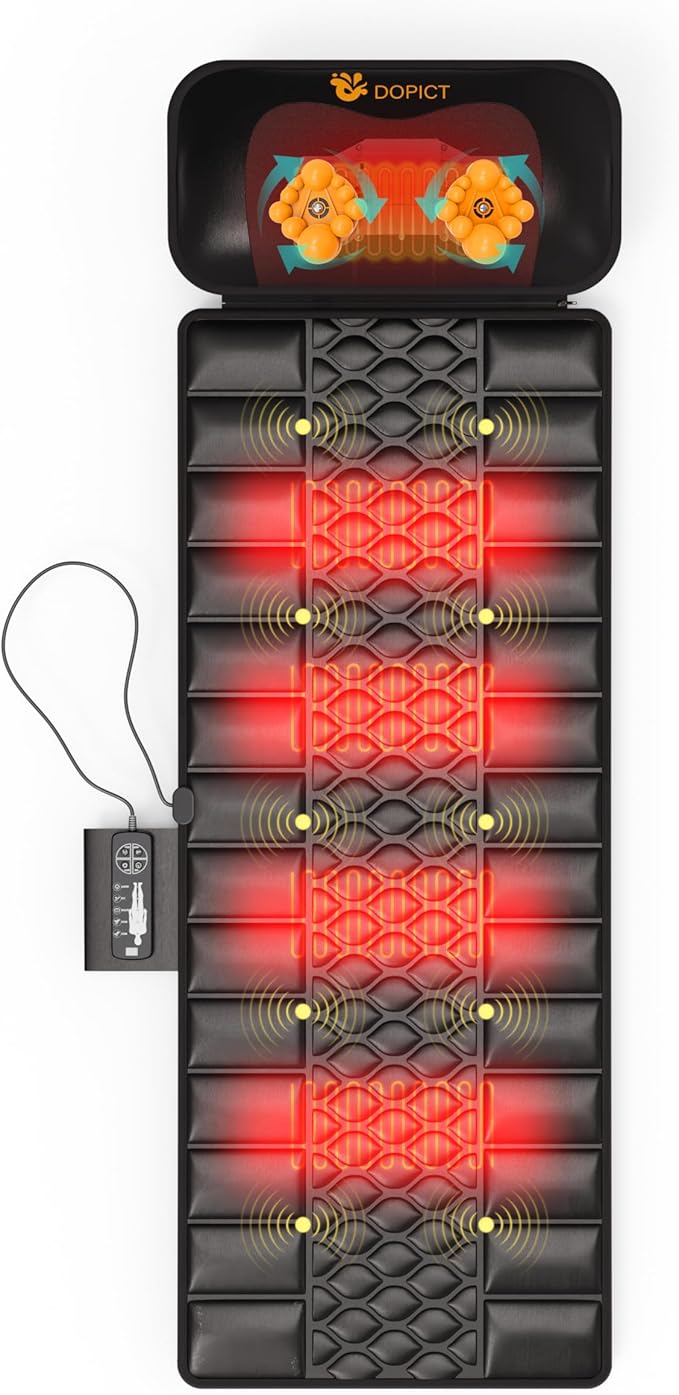DOPICT Massage Mat, Detachable Neck Massager, Full Body Vibration Heating, Massage Pad with 10 Vibrating Motors and 9 Speed Settings for Home Office Use, Gift for Men Women Parents,Black