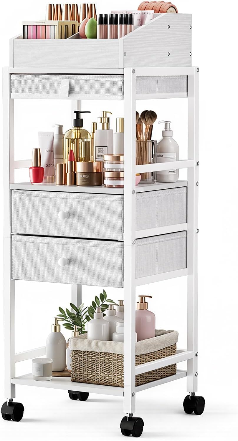 Luxspire Makeup Organizer Cart, Makeup Storage with Drawers, White