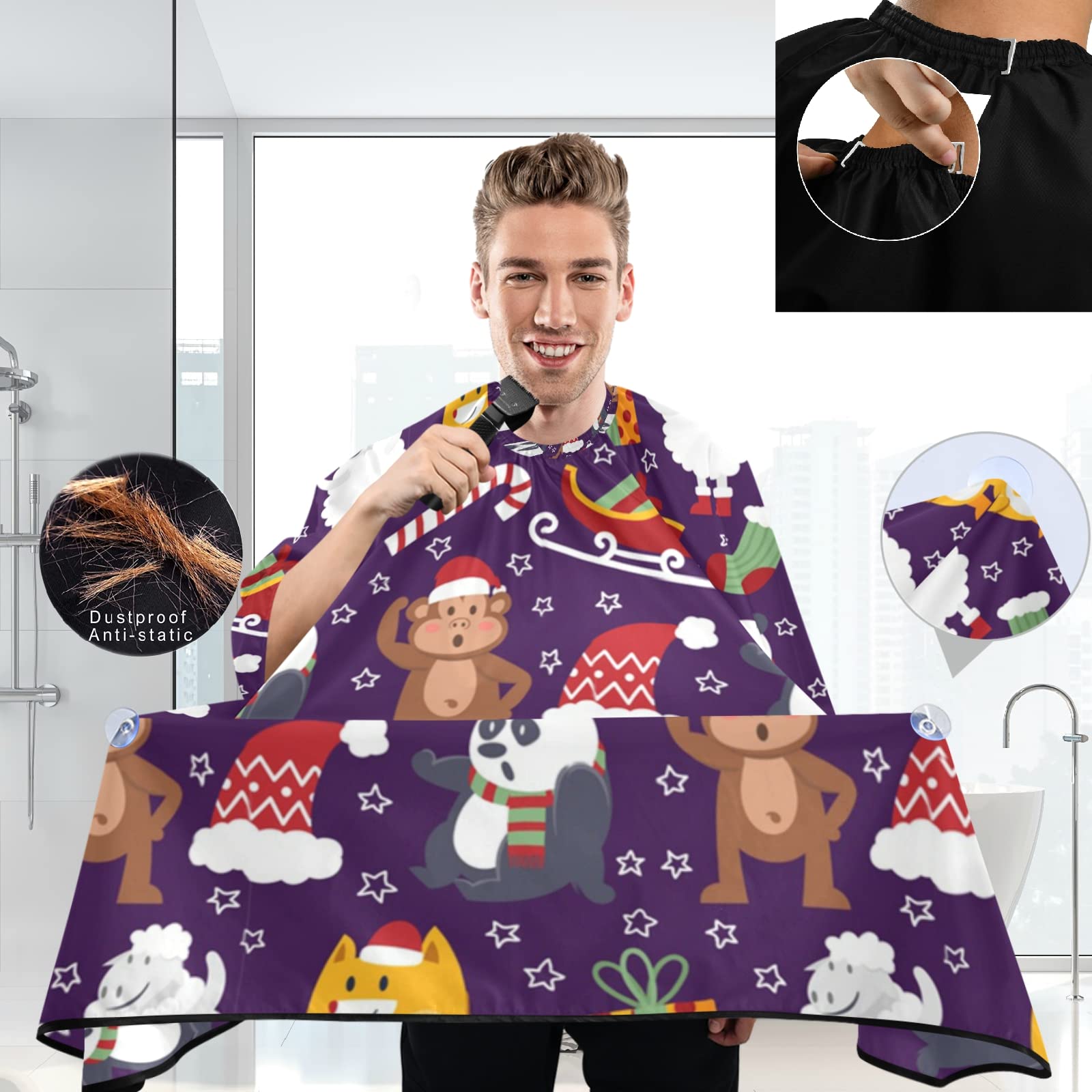 visesunny Barber Cape Christmas Funny Monkey Santa Claus Fox Sheep Polyester Hair Cutting Salon Cape Apron Anti-Static Haircut Water-Resistant Shaving Cloth Beard Shaving Bib Hairdressing Cape