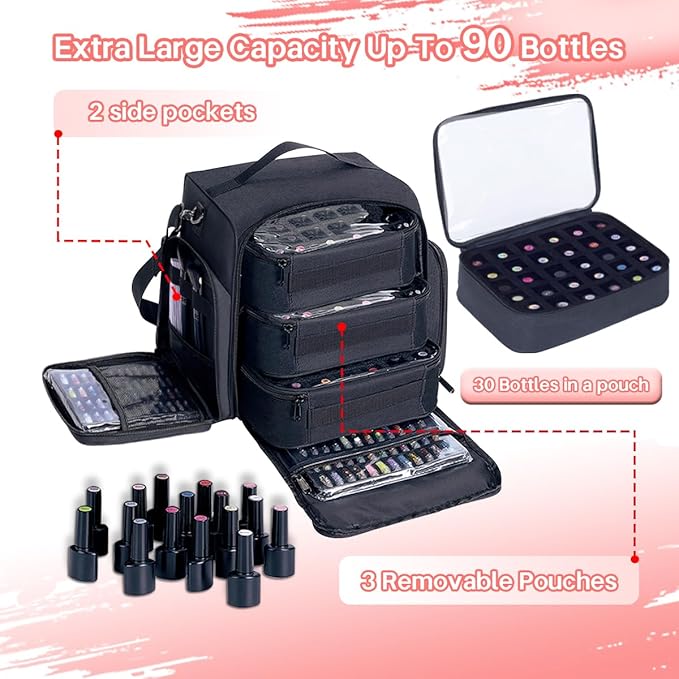 UOZL Nail Polish Organizer Case Hold 90 Bottles with 3 Detachable Bag,Black