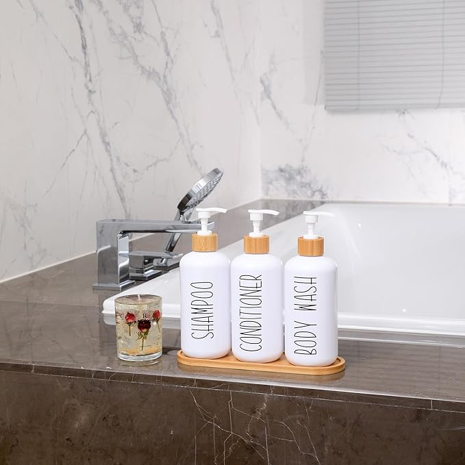 MOMEEMO White Shampoo and Conditioner Dispenser Set, Contains 3 Extra-Thick PET Plastic Bottles, Refillable Shampoo and Conditioner Bottles Perfect for Farmhouse Bathroom Decor. (White)