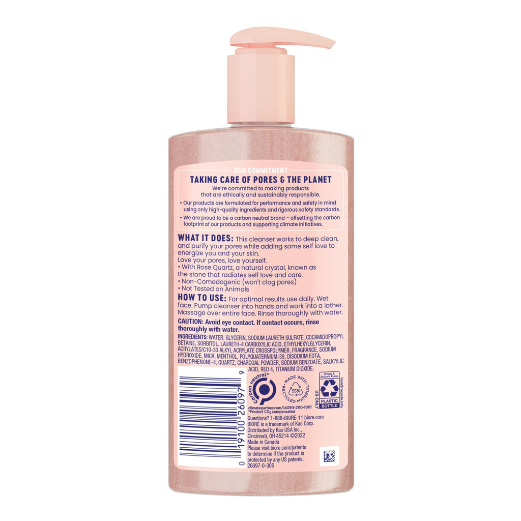 Biore Rose Quartz + Charcoal Daily Purifying Cleanser, Oil Free, 6.77 Oz
