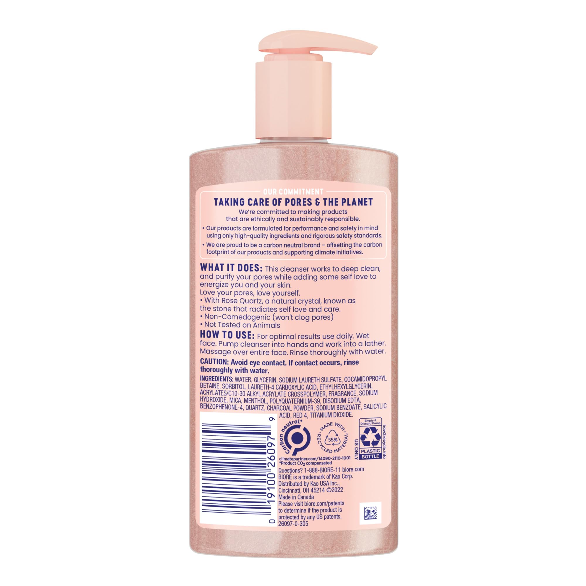 Biore Rose Quartz + Charcoal Daily Purifying Cleanser, Oil Free, 6.77 Oz