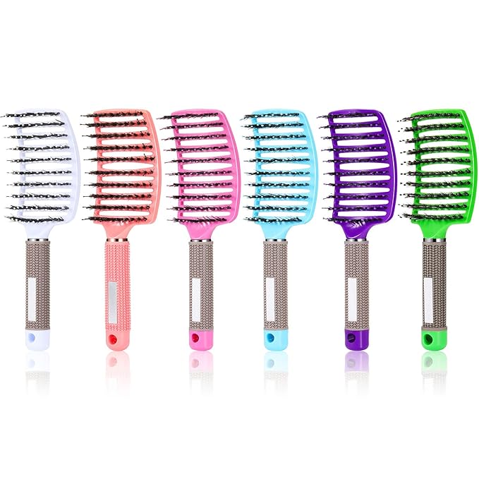 Cunhill 6 Pack Detangling Brush Bulk Boar Bristle Hair Brushes Curved and Vented Hairbrush Detangler for Women Men Detangling Comb Long Wet Dry Thick Curly Blowing Hair Accessories, 6 Colors