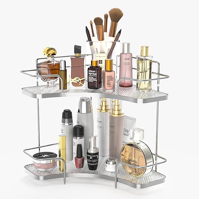 FOLLOWIN 2 Tier Countertop Corner Organizer - Corner Storage for Bathroom Counter, Makeup Cosmetics, Skincare, Perfume Stand Holder, Metal Stable Frame with Clear Acrylic Trays, Silver