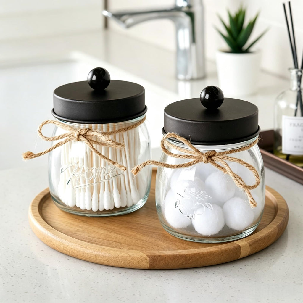 SheeChung 6 Pack Glass Mason Jar Qtip Holder, Bronze Stainless Steel Lids