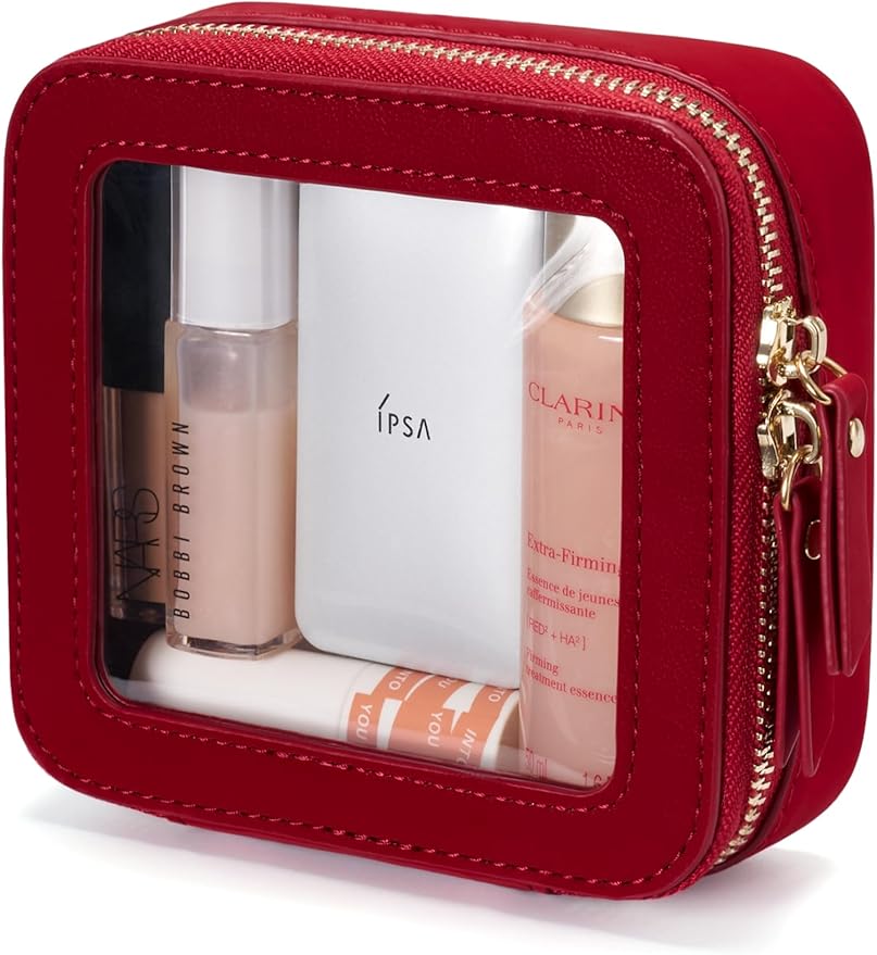 Popvibe Clear Makeup Bag Travel Cosmetic Case Toiletry Bag with Zipper, Portable Make Up Organizer Traveling Compact Car Bag for Essentials, Red, Mini
