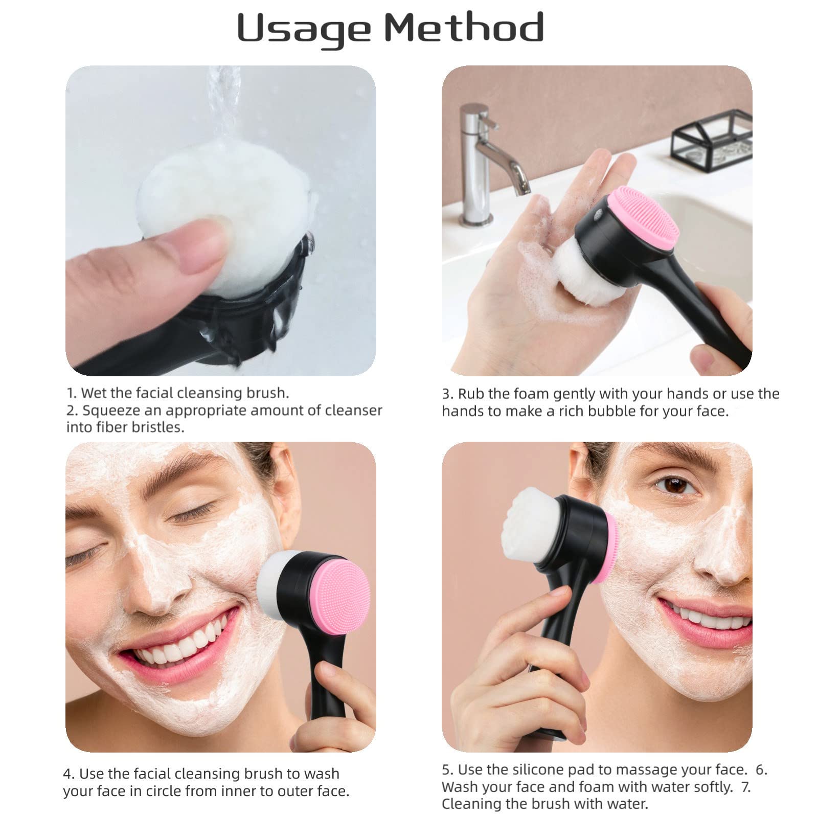 Beomeen Face Brush 2 in 1, Facial Cleansing Exfoliating Scrubber Brush, Silicone Double Side Manual Face Wash Scrub Brush with Soft Bamboo Charcoal Fiber for Deep Pore Cleansing, Massaging, Skin Care