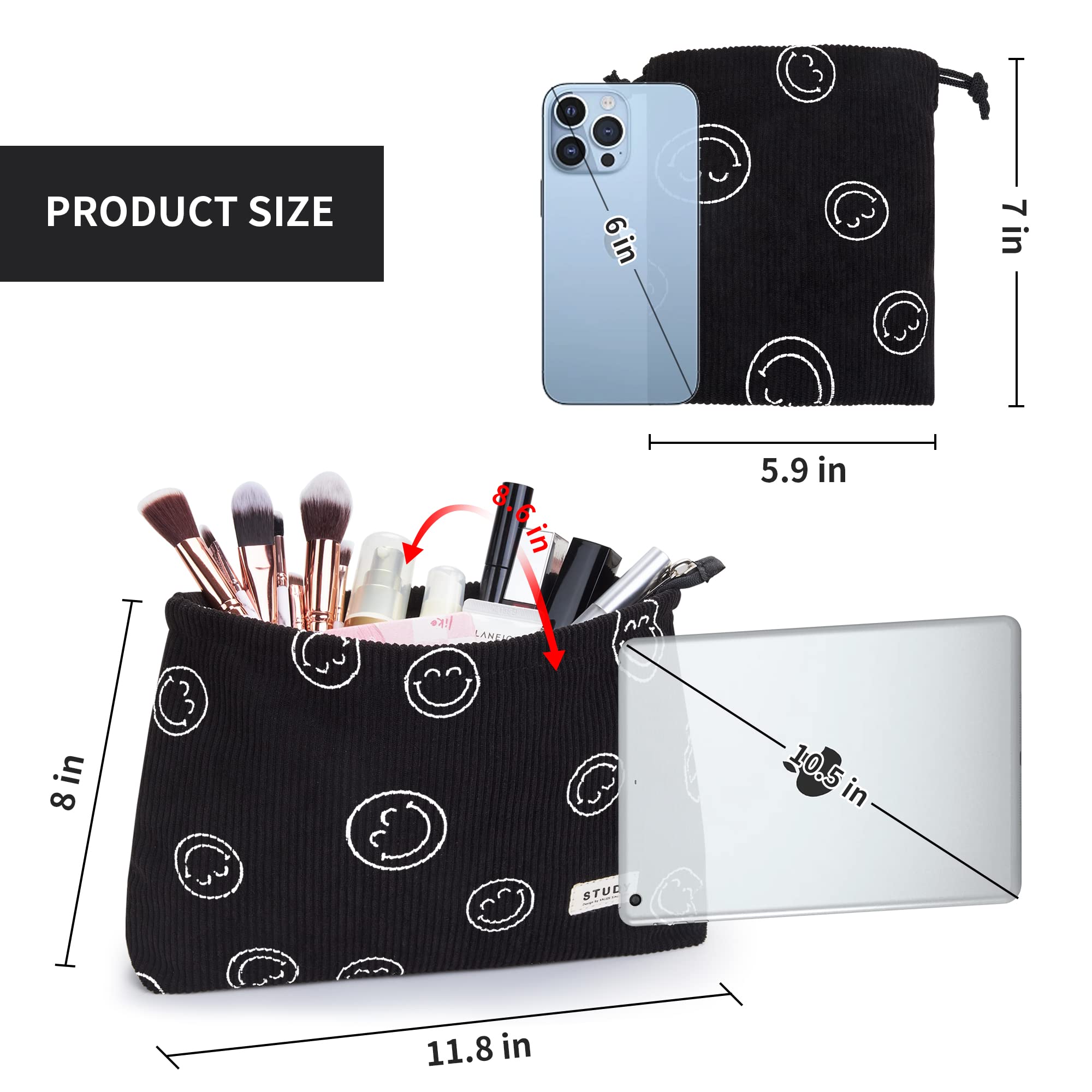 WLLWOO Makeup Bag-2pcs Smile Face Corduroy Cosmetic Bag Zipper Interior Waterproof Pencil Case Coin Purse Travel Toiletry Small Makeup Pouch For Women