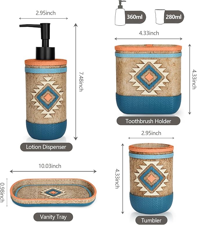 Bathroom Accessory Sets 4PCs Complete Tribal Home Decor Southwest Pattern Shape Includes Lotion Dispenser Toothbrush Holder Tumbler Cup & Vanity Tray