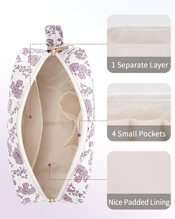 Narwey Small Makeup Bag for Purse Travel Makeup Pouch Mini Cosmetic Bag Zipper Pouch for Women (Dusty Pink Flower, Small)
