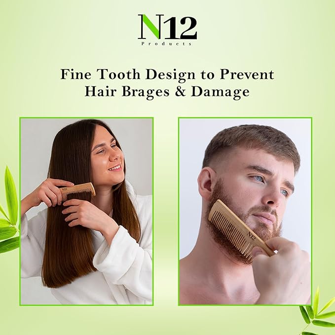 N12 Products 5 Bamboo Wood Pocket Beard Comb Set of 5, 100% Natural wooden combs for Beard, Hair, Mustache, Men & Women, Travel-Friendly, Eco-Friendly Grooming Solution