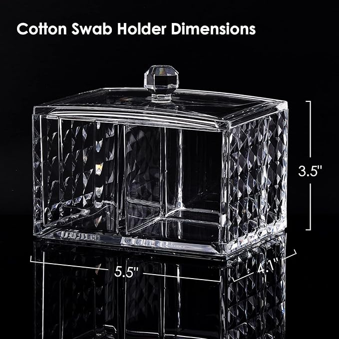 OYATON Cotton Swab Holder - Compact Bathroom Canister with Lid and 3 Compartments for Organizing Cotton Ball, Swab, Pad - Acrylic Bathroom Storage Jar Compatible with Q Tips