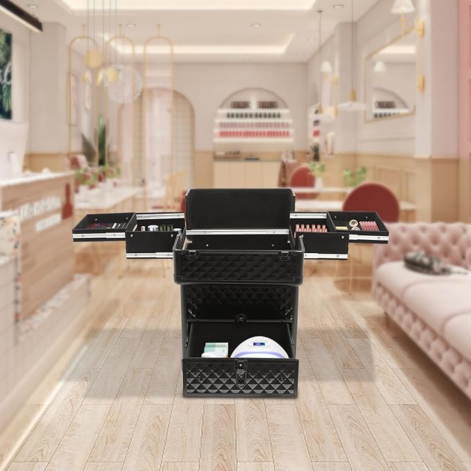 Professional Makeup Trolley Rolling Nail Case Wheeled Manicure Storage Case 13.4 * 9.8 * 18.5inch for Storing Scissors Makeup Jewelry Tools Black