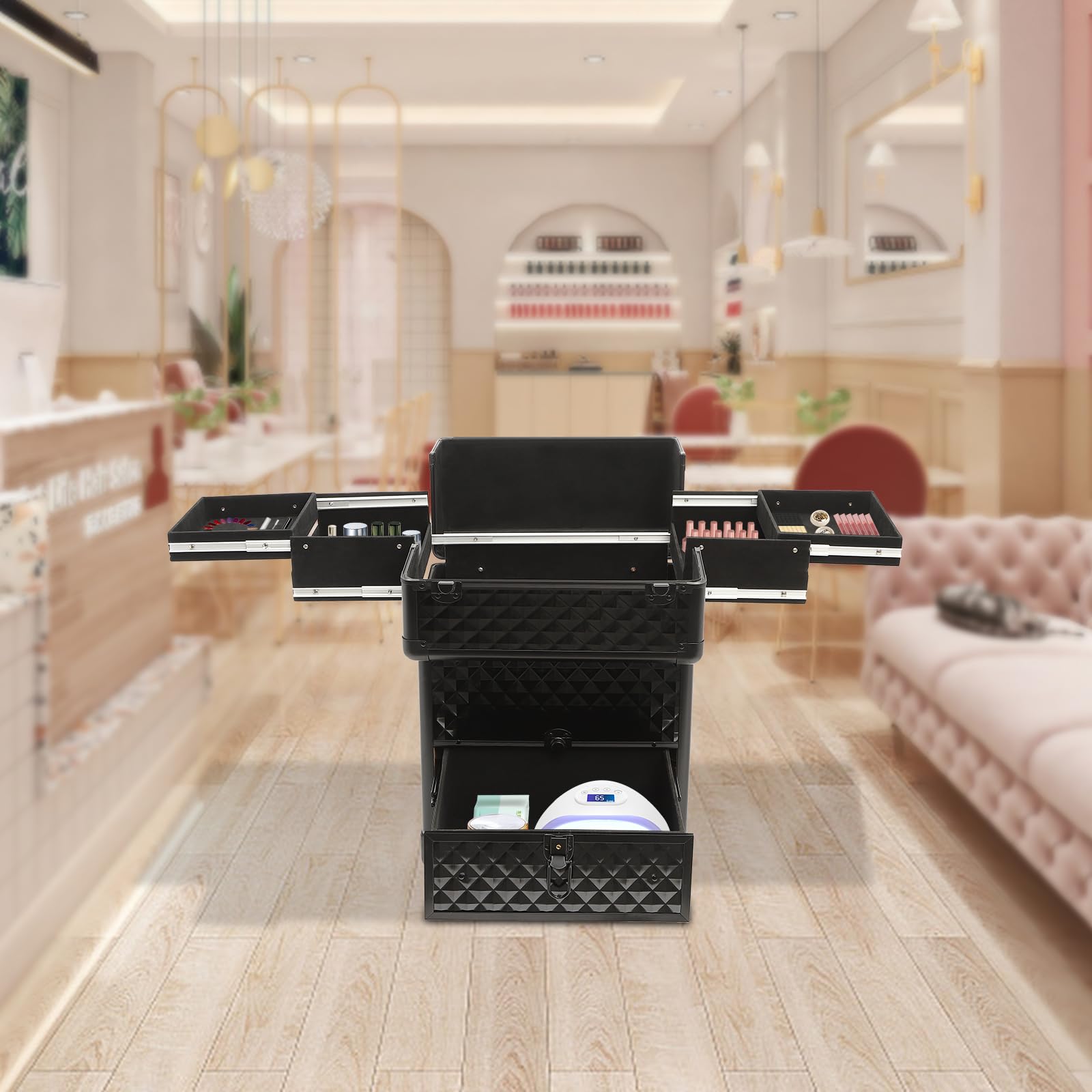 Rolling Makeup Manicure Storage Case, Makeup Trolley Rolling w/4 Universal Wheels Professional Aluminum Cosmetic Trolley Cases w/lock for Studio or Travelling (Black)
