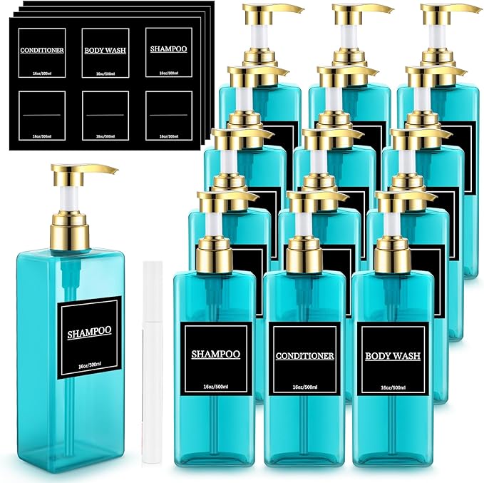 Gejoy 12 Pack Blue Shampoo and Conditioner Dispenser Bottles, 17 Oz/ 500ml Refillable Empty Pump Bottles with Labels and Marker Pen, Plastic Square Pump Dispenser Bottle for Bathroom Body Wash Shower