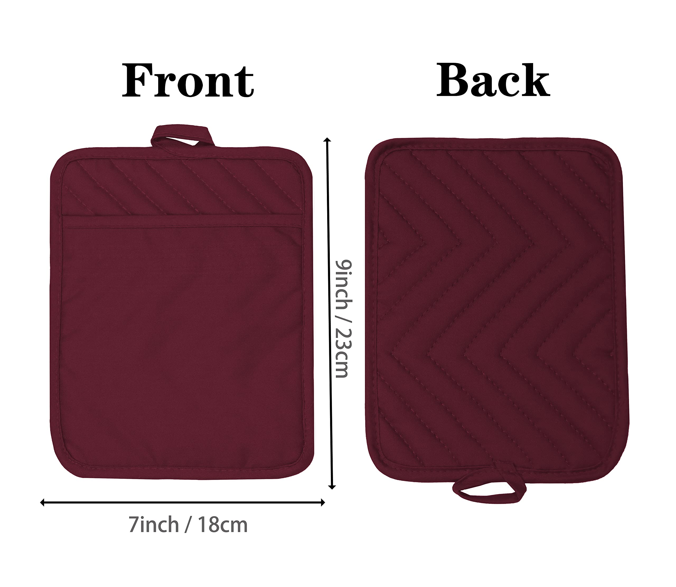 VEIKERY Oven Pot Holder with Pocket Cotton Heat Resistant Coaster Potholder Kitchen Hot Pad Oven Mitts for Cooking Square 7"x9"Set of 5 (Burgundy red, 5)