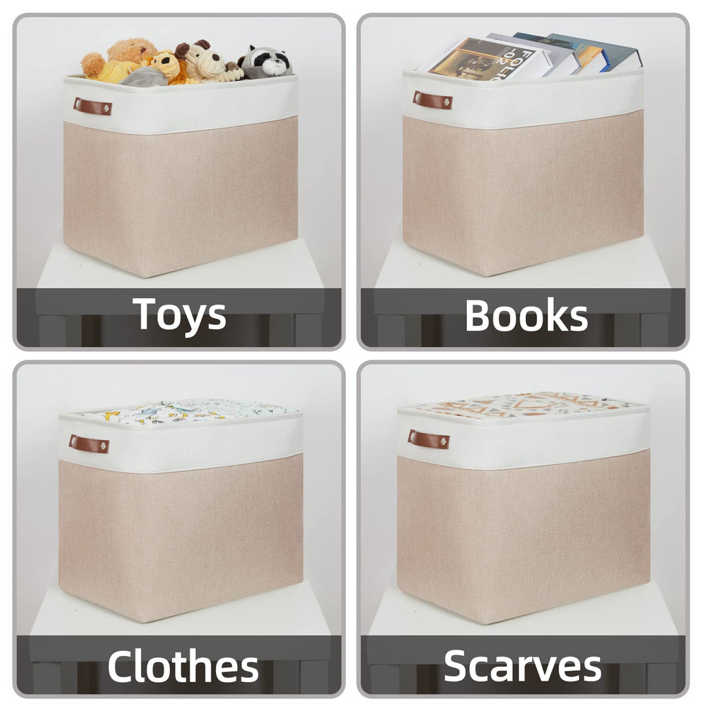 HNZIGE Large Fabric Storage Basket for Shelves, Rectangular Storage Bins Baskets for Storage, Canvas Collapsible Storage Bins with Handles for Organizing Home, Closet(White Beige)