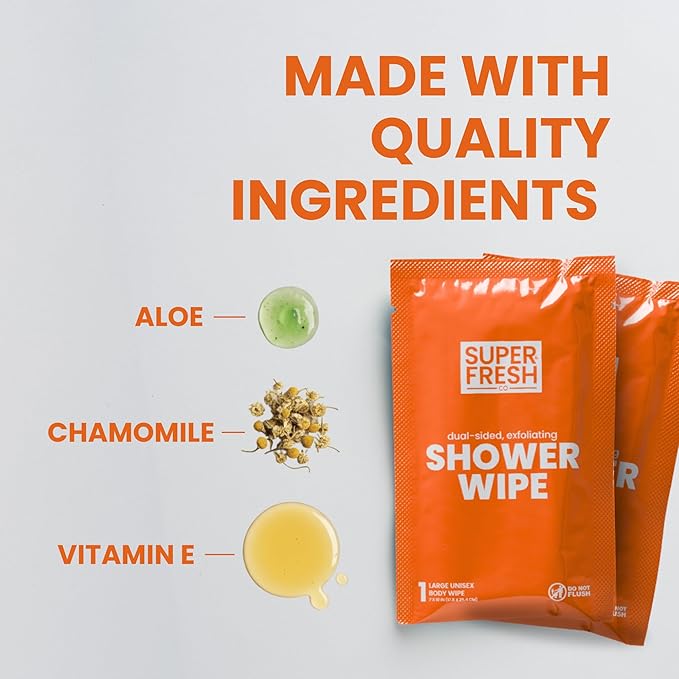 Super Fresh Shower Body Wipes, Travel Essentials for Camping, Large Citrus Wipes for Adults, Women, Men, Kids Personal Hygiene Cloth Enriched with Aloe and Vitamin E, Individually Wrapped 20 Pack