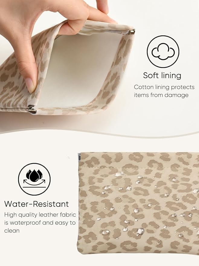 Ksriylm Leopard Leather Small Makeup Pouch for Women,Cosmetic Accessories,Waterproof and Portable Cosmetic Bag,Self-closing, No Zipper, Aesthetic Storage Pouch,Lipstick for Purse,Oyster Grey Brown