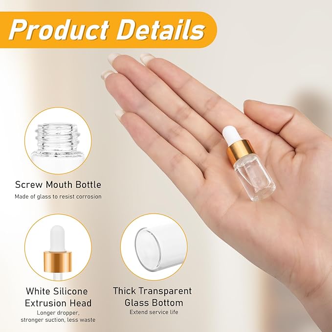 20 Pack Mini Dropper Bottle for Cuticle Oil, 3ml Small Sample Essential Oil Dropper Bottles for Travel, Clear Empty Vails for Cosmetic Perfume