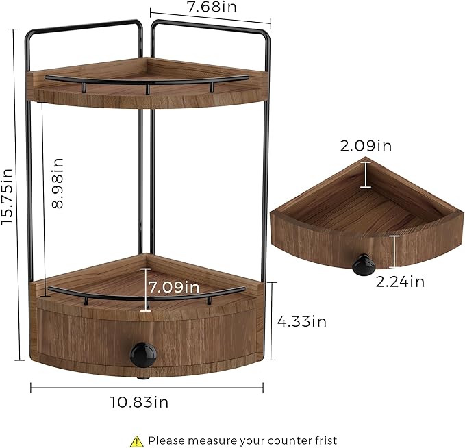 Aollewoiti 2-Tier Corner Bathroom Counter Organizer with Drawer, Dark Brown