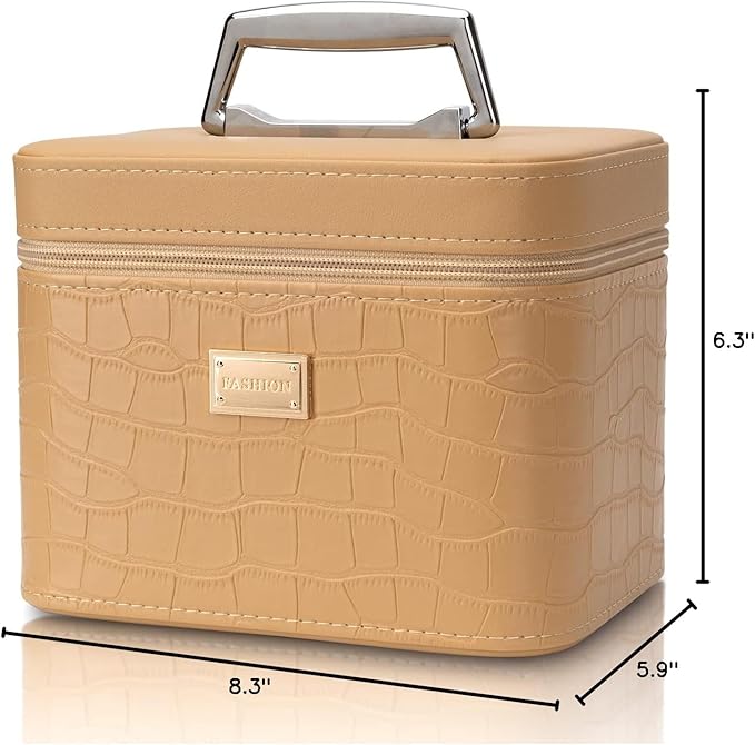 Sluxa Fashion makeup box, Portable leather hard cosmetic case with mirror, Professional train case make up box for women adults. (Beige)