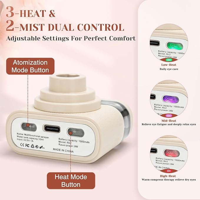 Portable Heated Eye Steamer for Dry Eyes - 3 Heat Settings, Warm Moist Heat Therapy to Restore Natural Tears, Dry Eye Relief Sprayer (Beige)