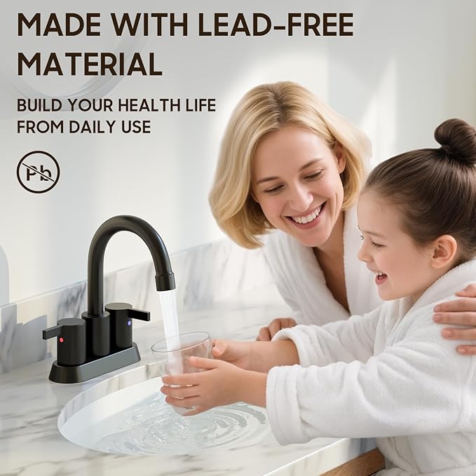 Phiestina 4 Inch 2 Handle Centerset Matte Black Lead-Free Modern Bathroom Faucet, 360 Swivel Spout 2-3 Hole RV Bathroom Vanity Sink Faucet with Pop Up Drain and Water Supply Lines,BF015-1-MB
