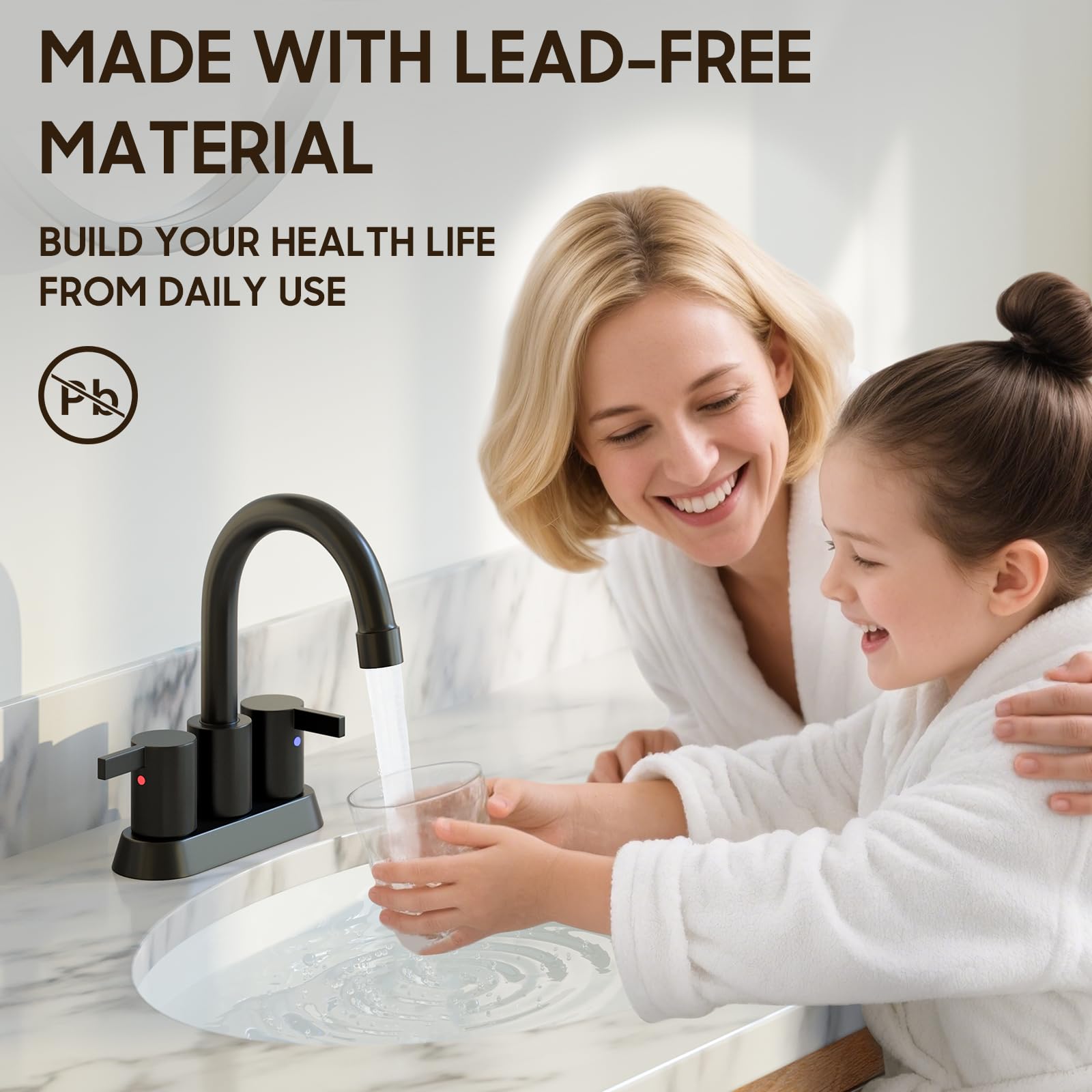 Phiestina 4 Inch 2 Handle Centerset Matte Black Lead-Free Modern Bathroom Faucet, 360 Swivel Spout 2-3 Hole RV Bathroom Vanity Sink Faucet with Pop Up Drain and Water Supply Lines,BF015-1-MB