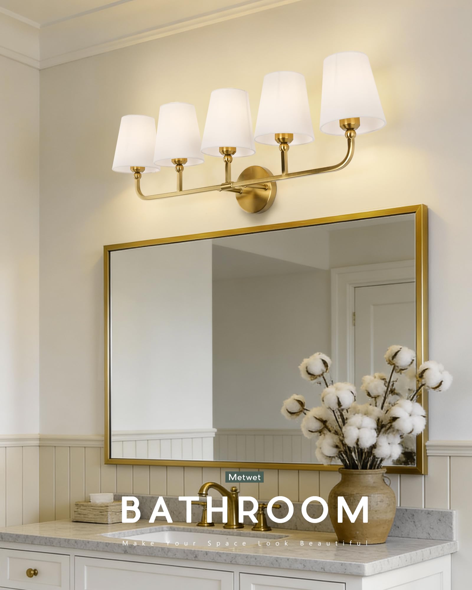 METWET 5-Light Brushed Gold Bathroom Vanity Light, Beige Fabric Shades