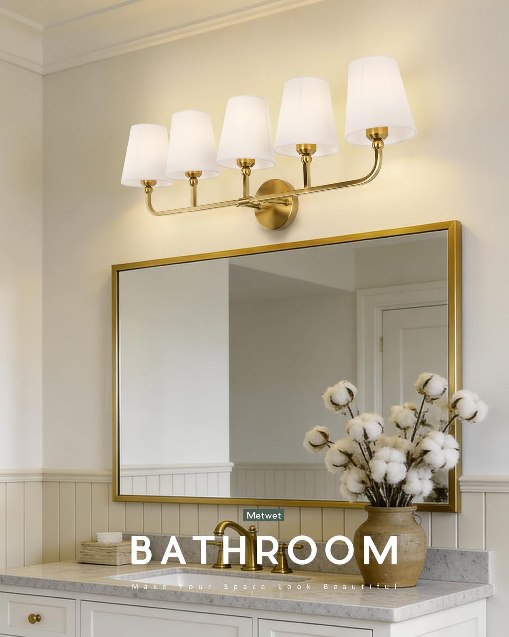 METWET 5-Light Brushed Gold Bathroom Vanity Light, Beige Fabric Shades
