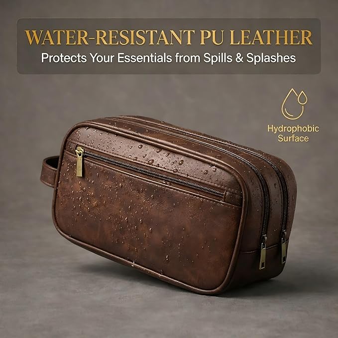 Men’s Toiletry Bag Travel Dopp Kit–double-deck Leather Water-Resistant Shaving Organizer Large Capacity, Double Compartments & Inner Pockets for Grooming, Bathroom & Gym Trip Toiletry Case(Coffee)