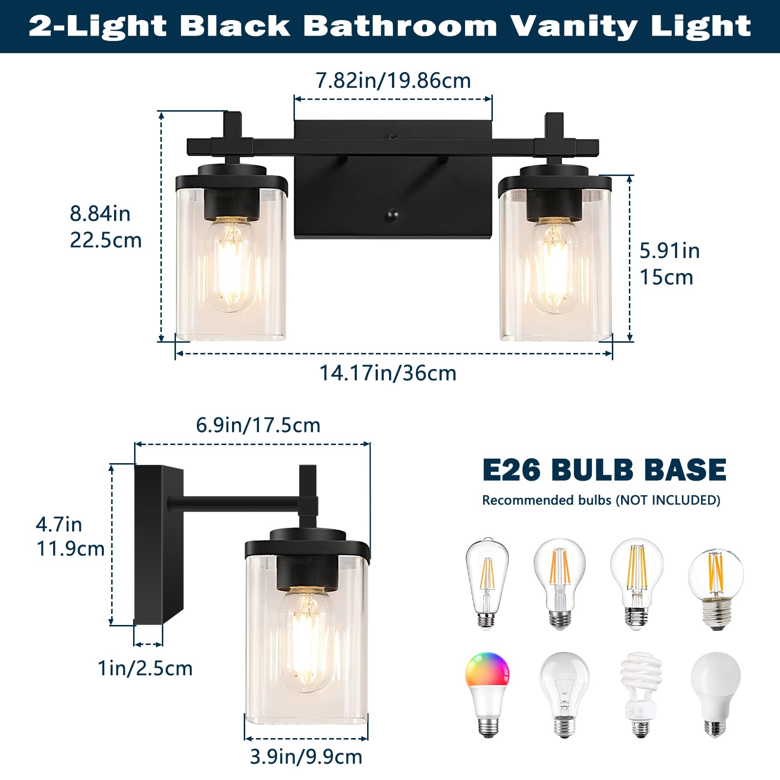 Spiglamm 2-Lights Bathroom Vanity Lights, Matte Black Vanity Light Fixtures Over Mirror, Modern Wall Sconces with Clear Glass Shade, Wall Light Fixture for Bedroom Hallway Living Room