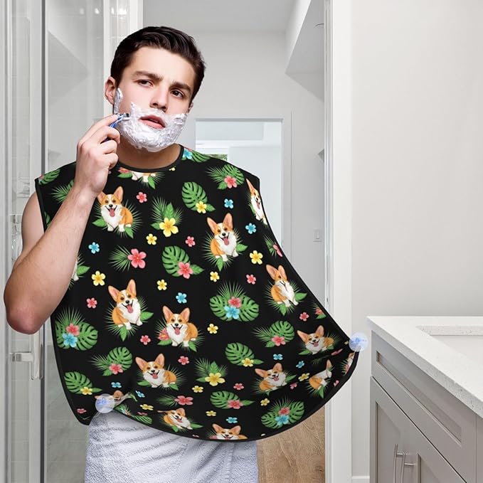 Professional Beard Bib, Non-Stick Hair Catcher Apron Waterproof, Shaving Grooming Essential for Men Dad, Cute Corgi Dog Tropical Leaves Peony Flowers Shave Bib
